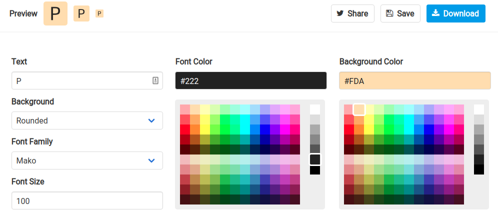 An image that shows that the favicon generated uses the Mako font with font-size 100, a font color of #222 and background color of #FDA.